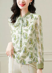 Style Light Green Bow Cinched Print Chiffon Tops Spring