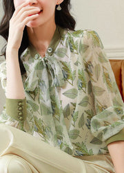 Style Light Green Bow Cinched Print Chiffon Tops Spring