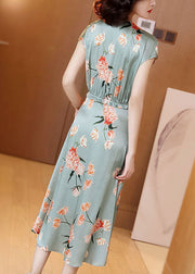 Style Light Green Cinched Print Silk Vacation Dresses Summer