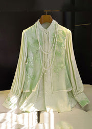 Style Light Green Embroidered Patchwork False Two Pieces Silk Cotton Shirts Fall