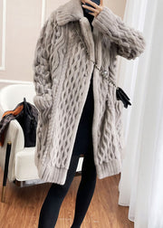 Style Light Grey Button Pockets Patchwork Mink Hair Knitted Coat Fall