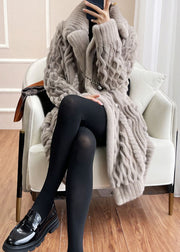 Style Light Grey Button Pockets Patchwork Mink Hair Knitted Coat Fall
