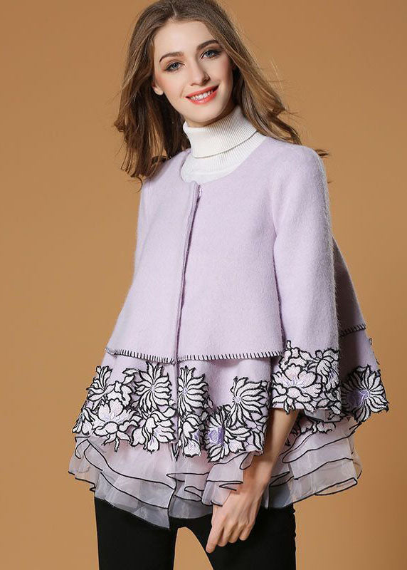 Style Light Purple Embroidered Organza Patchwork Woolen Coat Half Sleeve