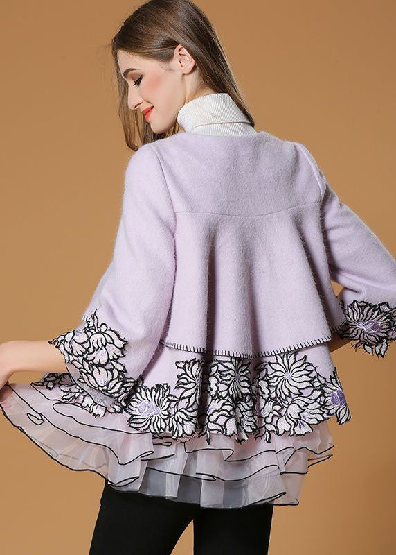 Style Light Purple Embroidered Organza Patchwork Woolen Coat Half Sleeve