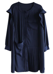 Style Navy Asymmetric Dresses O Neck Chiffon Dress - SooLinen