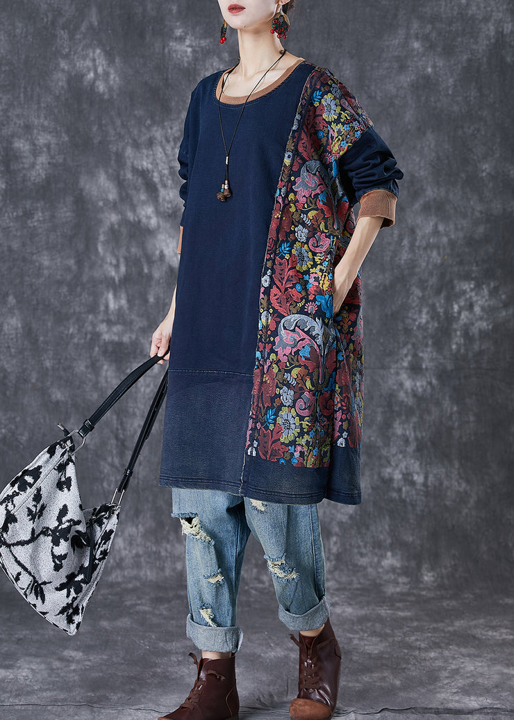 Style Navy Asymmetrical Patchwork Cotton Pullover Streetwear Dress Fall