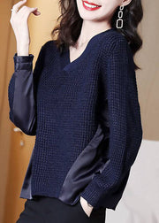 Style Navy Asymmetrical Patchwork Knit Knit Pullover Winter
