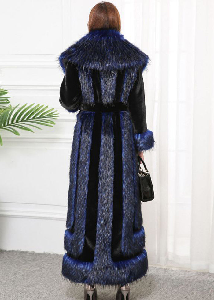 Style Navy Faux Fox Collar Patchwork Silm Fit Faux Fur Coats Winter