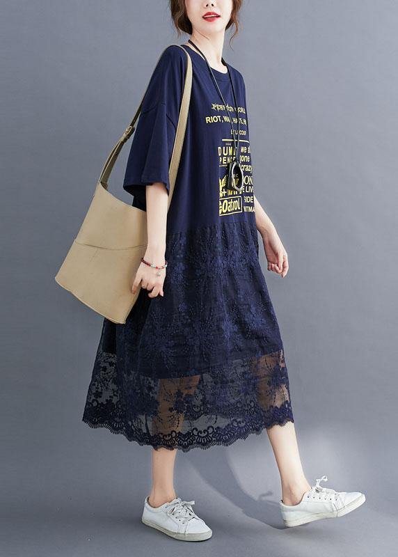 Style Navy Loose Patchwork Lace Summer Half Sleeve Maxi Dresses - SooLinen