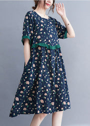 Style Navy O-Neck Ruffled Patchwork Print Cotton Party Dress Short Sleeve