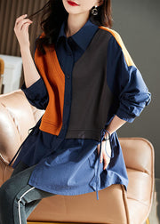 Style Navy Peter Pan Collar Patchwork Drawstring Cotton Blouse Top Long Sleeve