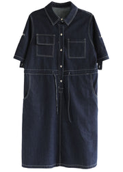Style Navy Peter Pan Collar Pockets Drawstring Cotton Denim Dresses Short Sleeve