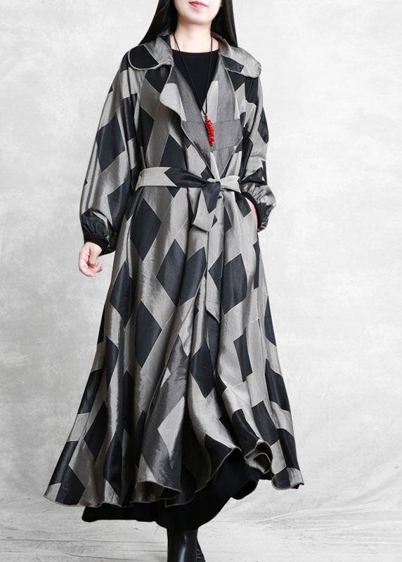 Style Notched tie waist Fashion Coats Women gray plaid tunic jackets - SooLinen