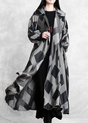 Style Notched tie waist Fashion Coats Women gray plaid tunic jackets - SooLinen
