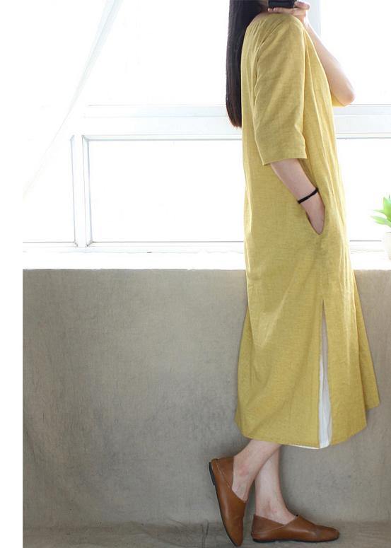 Style O Neck Side Open Dresses Catwalk Yellow Robes Dress - SooLinen