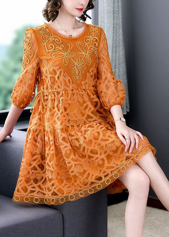 Style Orange Embroidered Patchwork Tulle Mid Dress Summer