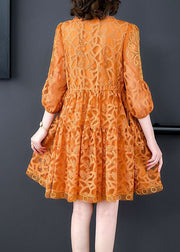 Style Orange Embroidered Patchwork Tulle Mid Dress Summer