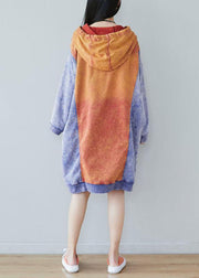 Style Orange Hooded Print Drawstring Fall Sweatshirts Dress - SooLinen