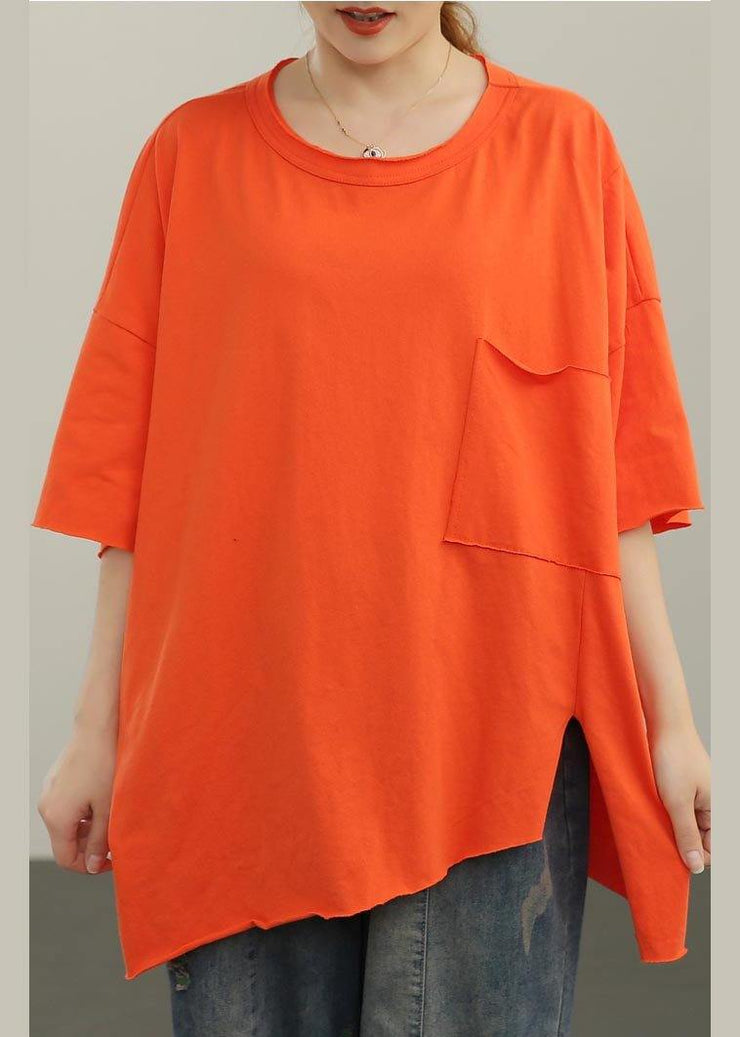 Style Orange O-Neck Pockets Cotton Tops Summer - SooLinen