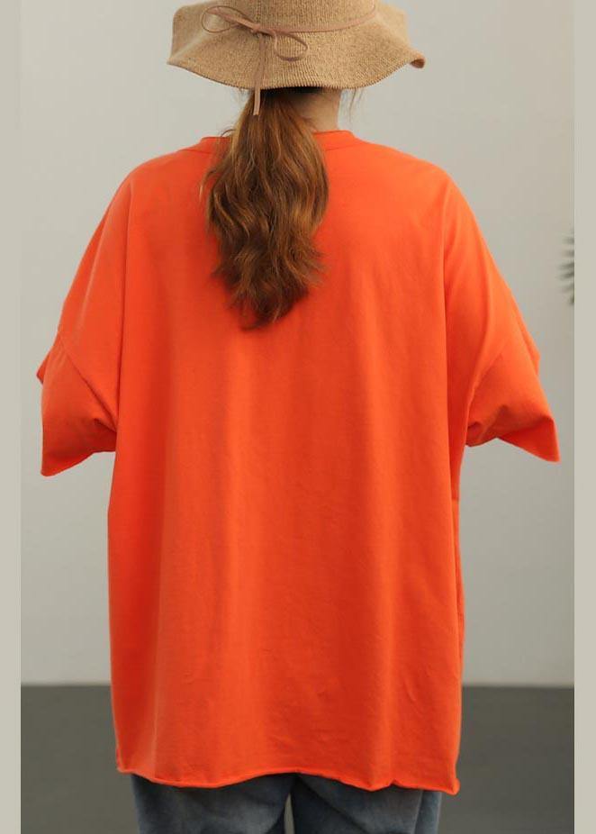 Style Orange O-Neck Pockets Cotton Tops Summer - SooLinen