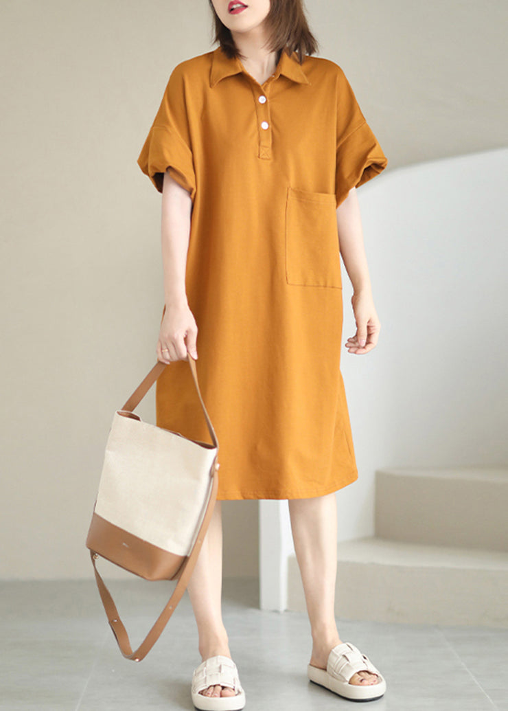 Style Orange Peter Pan Collar Pocket Cotton Maxi Dresses Summer