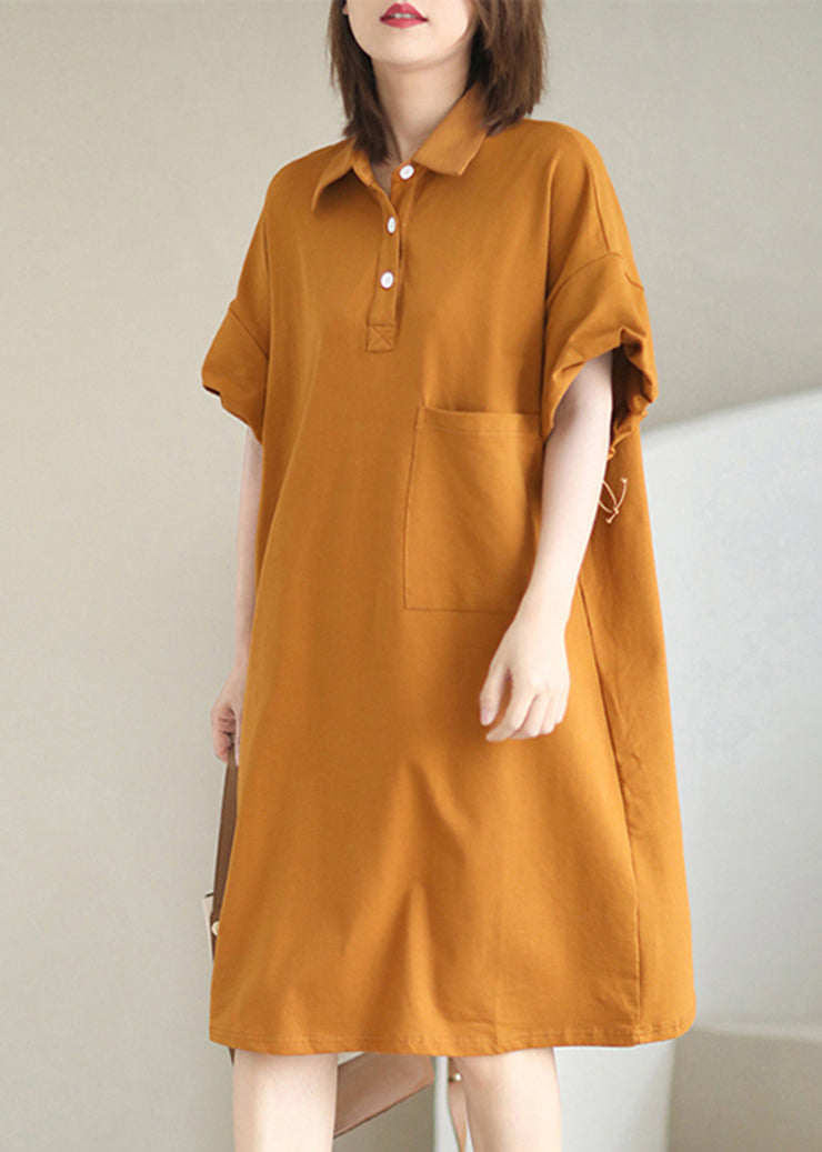 Style Orange Peter Pan Collar Pocket Cotton Maxi Dresses Summer