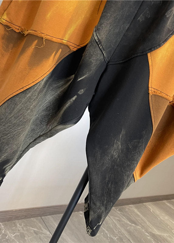 Style Orange Pockets Elastic Waist Patchwork Denim Harem Pants Spring