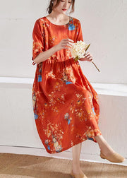 Style Orange Print O-Neck tie Waist Summer Ramie Party Dress Half Sleeve - SooLinen
