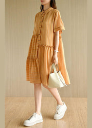 Style Orange Striped Button Asymmetrical Design Ruffled Summer Vacation Dress - SooLinen