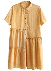 Style Orange Striped Button Asymmetrical Design Ruffled Summer Vacation Dress - SooLinen