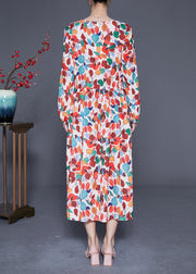 Style Orange V Neck Tie Waist Print Chiffon Maxi Dresses Spring