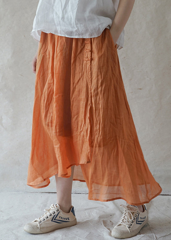 Style Orange elastic waist button Asymmetrical Linen Skirts Spring