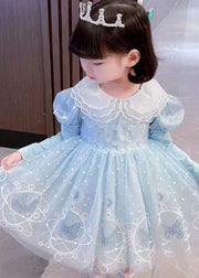 Style Pink Embroidered Patchwork Tulle Kids Long Dresses Long Sleeve
