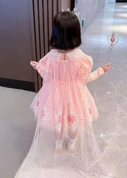 Style Pink Embroidered Patchwork Tulle Kids Long Dresses Long Sleeve