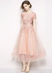 Style Pink Embroidered Tulle Long Dress Short Sleeve