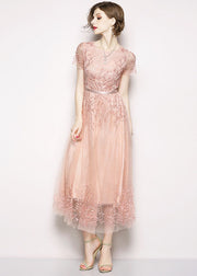 Style Pink Embroidered Tulle Long Dress Short Sleeve