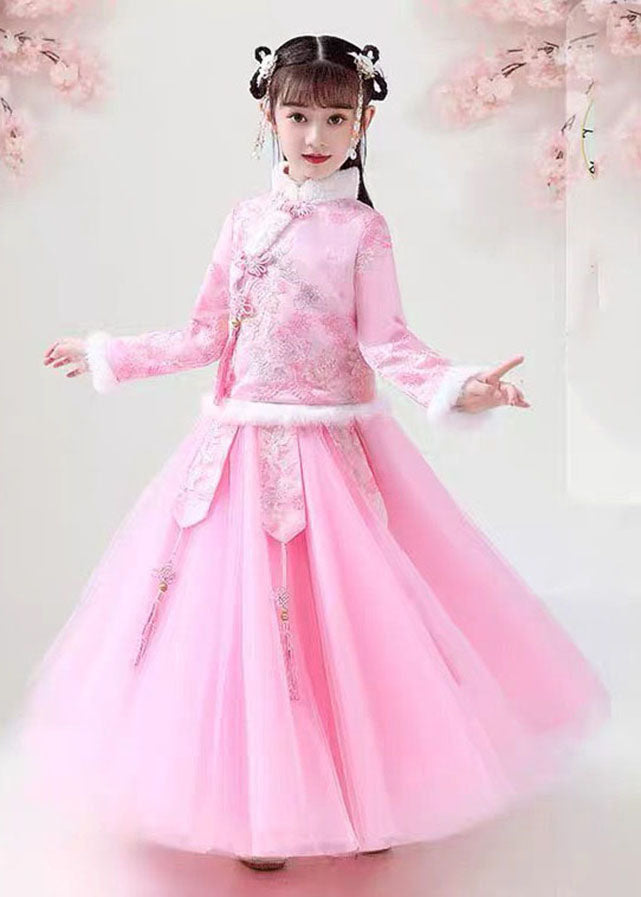 Style Pink Embroidered Warm Fleece Girls Coats And Tulle Maxi Skirts Two Pieces Set Long Sleeve