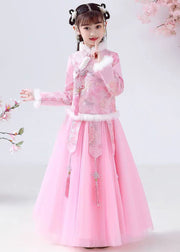 Style Pink Embroidered Warm Fleece Girls Coats And Tulle Maxi Skirts Two Pieces Set Long Sleeve
