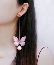 Style Pink Inladi Gem Stone Zircon Love Butterfly Drop Earrings