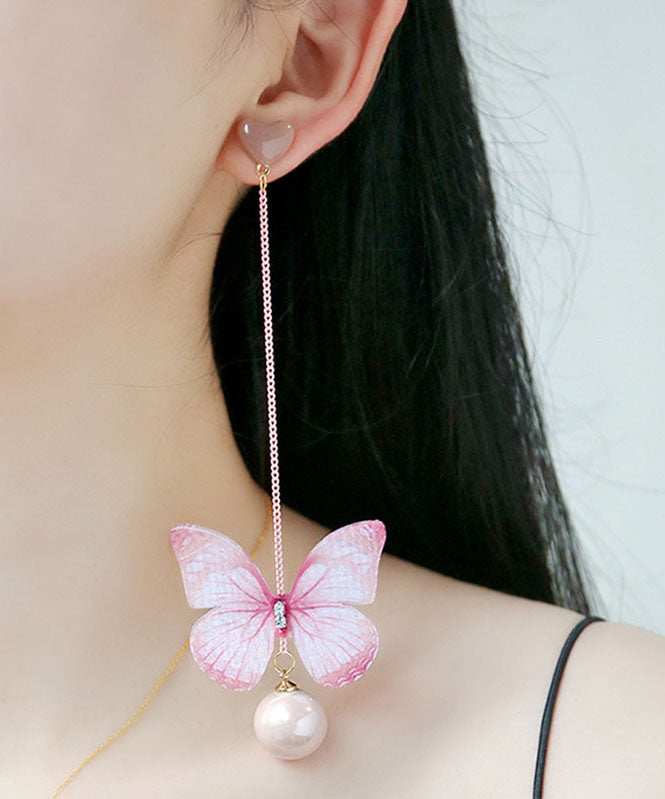 Style Pink Inladi Gem Stone Zircon Love Butterfly Drop Earrings