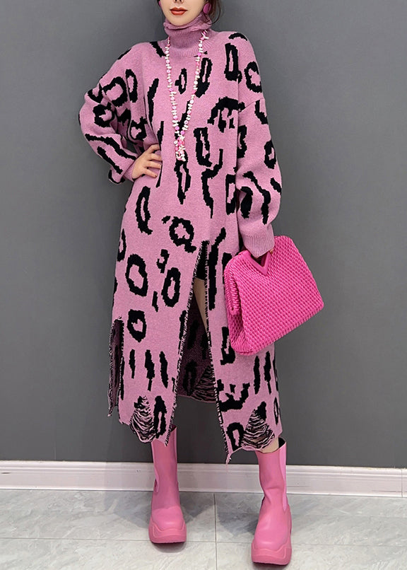 Style Pink Leopard Hign Neck Side Open Knit Long Dress Fall