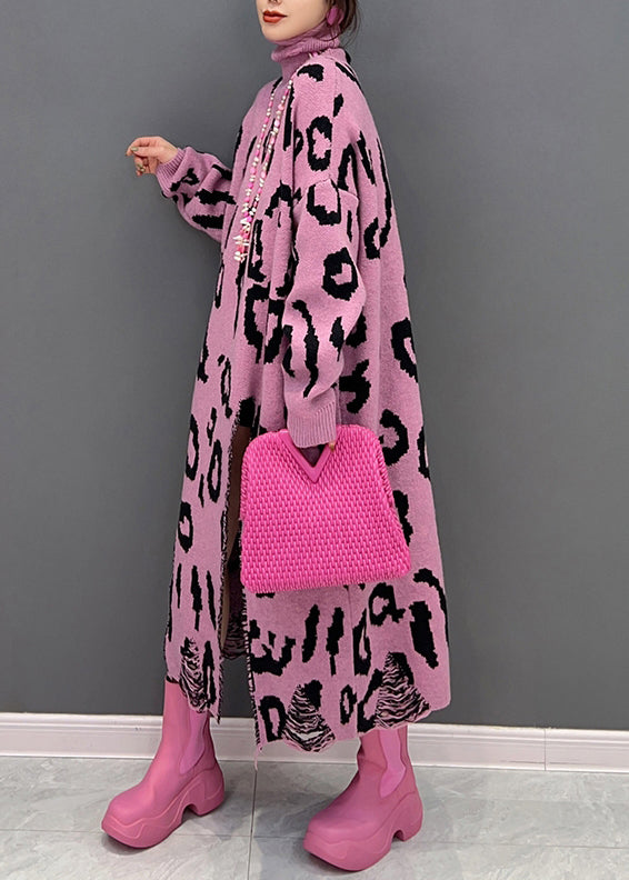 Style Pink Leopard Hign Neck Side Open Knit Long Dress Fall