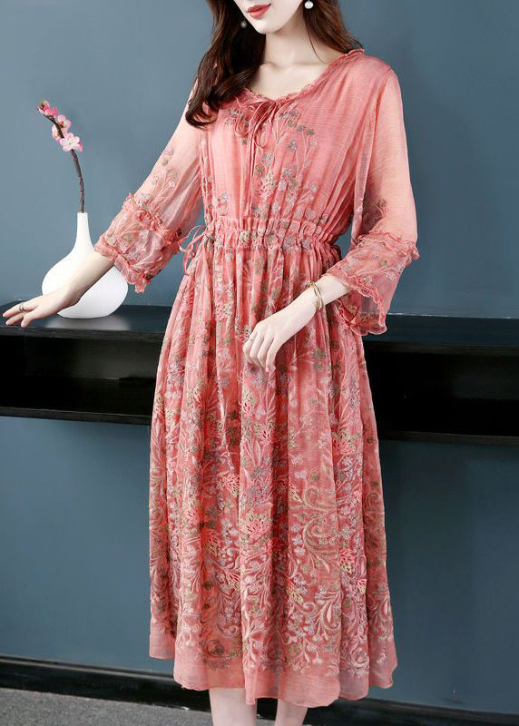 Style Pink O-Neck Cinched Embroidered Silk Maxi Dress Bracelet Sleeve