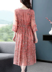 Style Pink O-Neck Cinched Embroidered Silk Maxi Dress Bracelet Sleeve