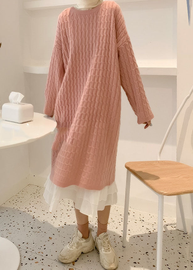 Style Pink O-Neck Cozy Cotton Knit Sweater Dress Fall
