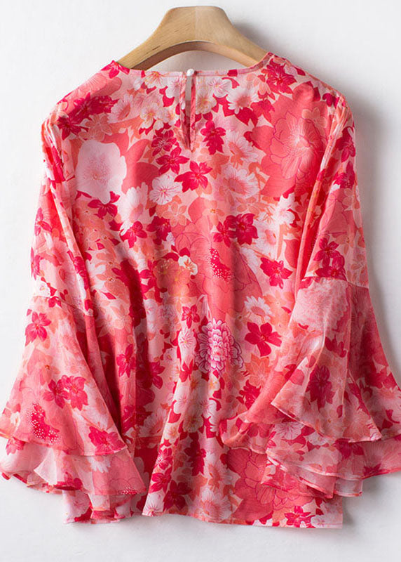 Style Pink O Neck Print Patchwork Chiffon Shirt Butterfly Sleeve