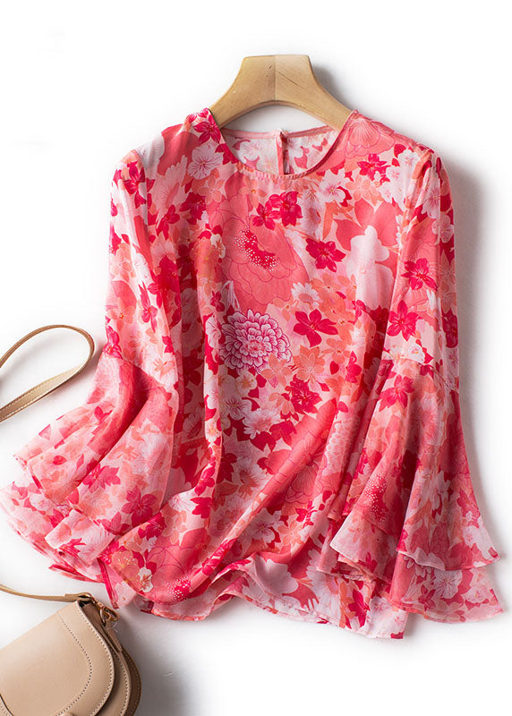 Style Pink O Neck Print Patchwork Chiffon Shirt Butterfly Sleeve