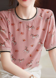 Style Pink O Neck Print Patchwork Chiffon Top Summer