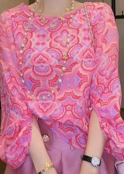Style Pink O-Neck Print Patchwork Chiffon Tops Bracelet Sleeve