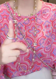 Style Pink O-Neck Print Patchwork Chiffon Tops Bracelet Sleeve